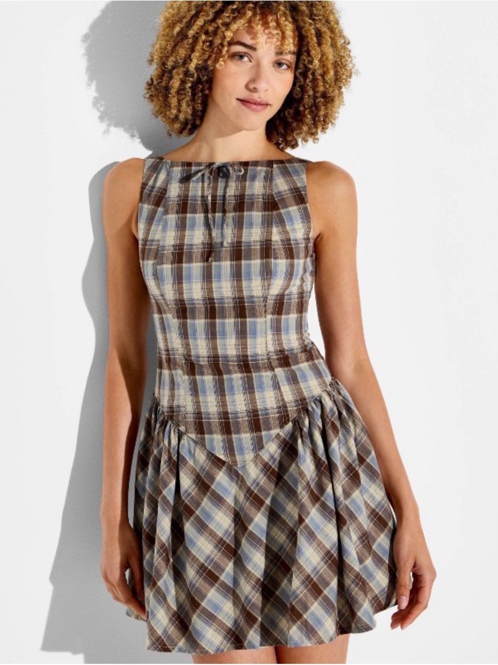 wild fable Brown & Blue Plaid Sleeveless Fit-and-Flare Dress